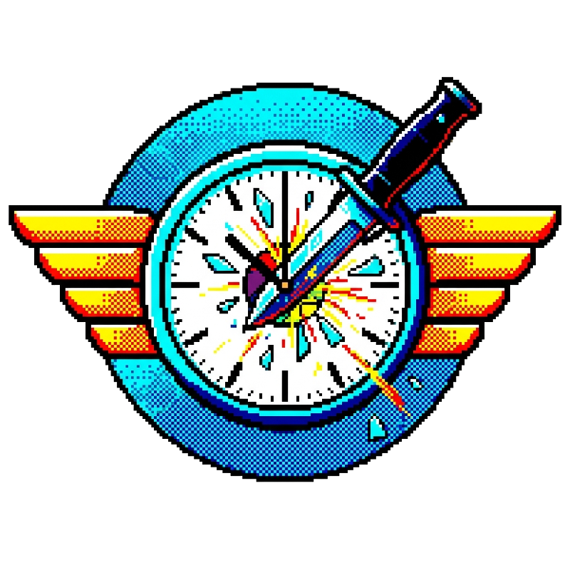 Pixelated winged clock emblem